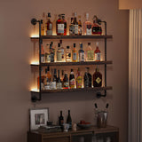 Woskar 3-Tier Wall Mounted Wine Rack with LED,Liquor Bottles Floating Shelves Display Storage Organizer for Home Bar Dining Room Kitchen (31.5" W x 47.2" H)