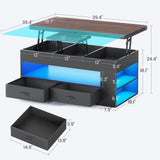 Itaar Lift Top Coffee Table, 4 in 1 Coffee Tables with Storage and Hidden Compartment, Farmhouse Coffee Table with 2 Fabric Drawers & LED Light for Living Room, Black