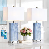 Touch Control Table Lamps with White Fabric Shade Set of 2, 3-Way Dimmable Modern Ceramic Blue Nightstand Bedside Lamp with 2 USB Ports 1 AC Outlet for Living Room, Bedroom (LED Bulbs Included)
