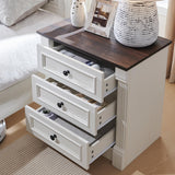Aitjunz 26" Tall Nightstand with Charging Station, Farmhouse 23.6" Wide Large End Table w/Roman Column, Wood Rustic Side Table w/Metal Handle, 3 Drawers Dresser for Bedroom, Living Room, White