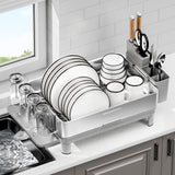 Ewaiira Dish Drying Rack, 304 Stainless Steel Dish Racks for Kitchen Counter, Dish Drainers with Automatic Drainage, Utensil Holder & Cups Holder, Space Saving Kitchen Organizer, Gray
