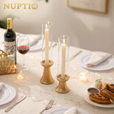 NUPTIO Gold Candlestick Holder for Centerpiece: Set of 6 Hurricane Taper Candle Holders with Glass Cylinder Sleeve - Bulk Brass Candles Stand for Thanksgiving Christmas Holiday Party Decor