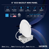 LUXRITE 5 Inch LED Recessed Light, ECO Backlit Mini Panel Spotlight, 5CCT 2700K-5000K, 1200 Lumens, High Output, 13 Watts, Dimmable, IC Rated, Wet Rated, ETL Listed, Energy Star, Round (24 Pack)