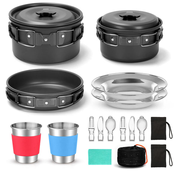 15pcs Camping Cookware Mess Kit, Non-Stick Lightweight Pots Pan Set with Stainless Steel Cups Plates Forks Knives Spoons Odoland