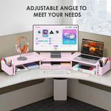 OPNICE Desk Organizers and Accessories, Dual Monitor Stand Riser with Drawer and 2 Pen Holders, Desk Shelf Computer Racks & Printer Stand for Office Workspace Organizers, Desktop Organization (Pink)