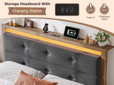 EnHomee King Size Bed Frame, Upholstered Storage Headboard with Charging Station & LED, Wooden Bed Frame，No Box Spring Needed, No Noise, Easy Assembly