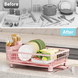 Dish Drying Rack - Space Saving Dish Rack - Dish Racks for Kitchen Counter with Drainboard,Rustproof Dish Drainer with Removable Utensil Holder, Pink