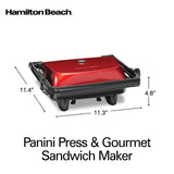 Hamilton Beach Panini Press Sandwich Maker & Electric Indoor Grill with Locking Lid, Opens Wide to Fit Any Thickness for Quesadillas, Burgers & More, Nonstick 8" x 10" Grids, Red (25462Z)