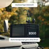 BOXIO - WASH Plus: Mobile Sink with Hand Pump, Shower Head, Mirror & Cleaning Beads - Van, Camping, Garden Sink with Tap, Plastic, Black