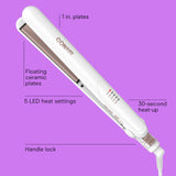 Conair Double Ceramic Flat Iron, 1-Inch Flat Iron Hair Straightener with Claw Clip, 5 Heat Settings, Extra-Long Floating Plates, White