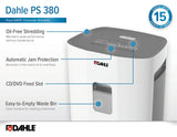 PS 380 Paper Shredder, Oil Free, Jam Protection, Security Level P-4, 15 Sheet Max, Shreds CDs, Staples, Paper Clips & Credit Cards Dahle