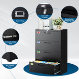 PEUKC 4 Drawer File Cabinet, Lateral Filing Cabinets for Home Office, Office Storage Drawers with Lock, Hanging Files Legal/Letter A4 Size (Assemble Required,Black)