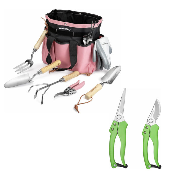 7-Piece Pink Garden Tool Set, Stainless Steel Gardening Tools with Wood Handle & 2 Pcs Flower Scissors Include 8
