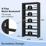 5 Tier Metal Bookshelf, Black 69" Tall Bookcase, Large Heavy Duty Book Shelves