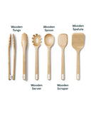 Wooden Utensil Set - 5 Piece Cooking Utensil Set - Spoon, Server, Scraper, Spatula, & Tongs - Made From FSC-Certified Caraway