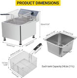 11L Commercial Electric Deep Fryer, 304 Stainless Steel Inner Tank with Adjustable Long Feet, Countertop Fryer with Basket & Temperature Control, Double Overheat Protection for Restaurant, Food Truck,