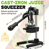 Cast Iron Manual Juicer – Heavy-Duty Hand Press Orange & Lemon Squeezer, Commercial Grade Hand Juicer Press (Black)