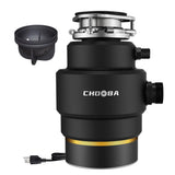 CHOOBA Garbage Disposal 3/4 HP, Food Waste Disposal Continuous Feed, Kitchen Garbage Disposal with Dishwasher Connection & Plug, Power Cord Included, Matte Black