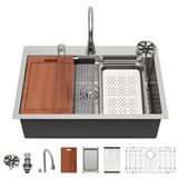 Sarlai 33 Inch Waterfall Kitchen Sink - 33x22 Inch Drop In Kitchen Sink Ledge Workstation Topmount Multifuctional Smart Stainless Steel 16 Guage Single Bowl Sinks Basin with Faucet