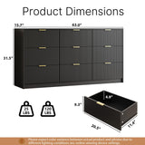MAISONARIA Black 9 Drawer Dresser for Bedroom, 63" Wide Modern Fluted Dresser with Gold Metal Handles, Chest of Drawers for Bedroom, Living Room, Entryway, Hallway