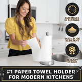 Heavy-Duty Stainless Steel Paper Towel Holder - Easy One-Handed Tear with Suction Cups - Modern Weighted Standing Countertop Dispenser for Kitchen - Holds All Paper Towel Rolls, Silver