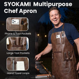 SYOKAMI Synthetic Leather Chef Cooking Apron for Men, Cross Back Apron for All-Day Comfort, Waterproof Apron with Multiple Pockets, Great for Kitchen, Garden, BBQ, Butcher Work or Crafts, Ideal Gift