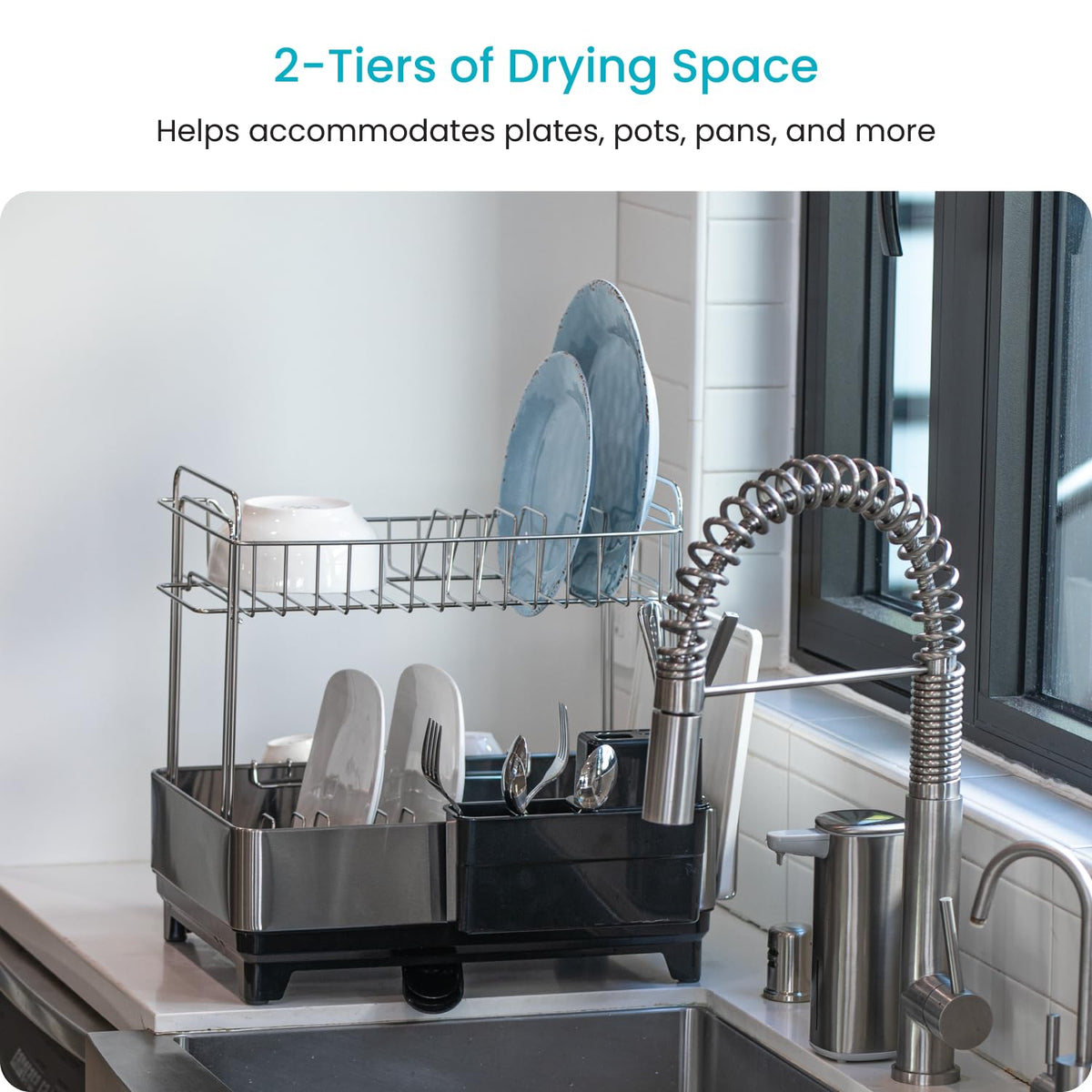 Home Zone Living Large 2-Tier Stainless Steel Dish Drying Rack with Dr ...