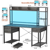 Desk with LED and Outlets, Gaming Desks with Hutch, 55.2'' Computer Desk with Drawers, Reversible Office Desk