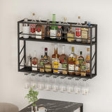 Woskar Wall Mounted Wine Rack, 2-Tier Wall Bar Shelves for Liquor Bottles, Metal Bottle Holder Wine for Wine Storage & Display (39.3×7.8×26in)