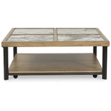 Signature Design by Ashley Montia Contemporary Sintered Stone Tabletop Cocktail Table with 4 Legs, Light Brown & Gray