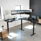 Height Adjustable 71 x 71 inch Curved Corner Stand Up Desk, Black Table Top, Black Frame, Memory Controller