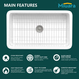 Miuara White Undermount Kitchen Sink 32 Inch - Large Topmount Fireclay Drop In Sink 32"x19"x10", Dual Mount Heavy Duty Deep Single Bowl, with 2 Custom Accessories, Glossy White, for Kitchen