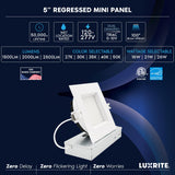 LUXRITE 5 Inch LED Recessed Light, Regressed Mini Panel Spotlight, 5CCT 2700K-5000K, 16/21/26 Watts, 1500/2000/2500 Lumens, Dual Dimmable (TRIAC & 0–10V), 100° Beam, Wet Rated, ETL, Square (12 Pack)