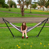SZHLUX Double Hammock with Stand Included 450lb Capacity Steel Stand, Premium Carry Bag Included and Two Anti Roll Balance Beam, Portable Hammock with Stand for Backyard, Camping,Garden Brown Stripes