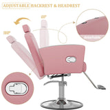 KIGOTY Salon Chair for Hair Stylist, Reclining Salon Chair with Hydraulic Pump,360 Degree Swivel Hair Stylist Chairs with Footrest and Adjustable Headrest for Barbershop (Pink-Silver)