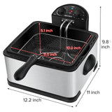 1700-Watt Stainless-Steel Triple Basket Electric Deep Fryer with Timer Free Extra Odor Filter, 4L/17-Cup | Silver Secura