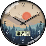 SCOAGE Wilderness Sunset Wall Clock, 12" Silent Non-Ticking Battery Operated Analog Clock with LCD Date Day Temp Display, Mid-Century Modern Decor for Living Room Bedroom Kitchen Farmhouse Home Office
