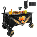 Collapsible Foldable Wagon Cart with Big Wheels and Tabletop, Large Capacity 440Lbs Folding Utility Wagon Carts for Sand, Beach, Camping, Shopping, Sport (Black)