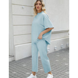 SeeLuNa Women's Two Piece Outfits 3/4 Batwing Sleeve Capelet Crew Neck Pullover Top Wide Leg Pants Lounge Set(Blue-Green,S)