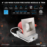 LUXRITE 6-Pack 4 Inch Square LED Recessed Lights with J-Box, 5CCT 2700K-5000K, 2 Hour Fire Rating, 15 Watts, 1000 Lumens, 60° Spotlight, Dimmable, IC Rated, Wet Rated, ETL - Brushed Nickel