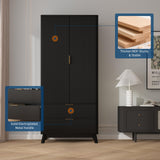 Garvee 71" Armoire Wardrobe Closet, Modern Wooden Bedroom Armoire with 2 Drawers & 2 Doors and Adjustable Shelves，Clothing Storage Cabinet with Aluminum Hanging Rod, Locker