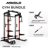 Mikolo Power Cage, 2000LB Power Rack with Independent Dual Pulley System, Multi-Function Home Gym Workout Machine for Cable Crossover (Red with Barbell)