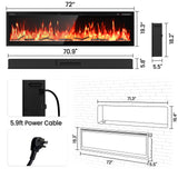72” Smart Electric Fireplace with Voice Control, Realistic Flame, Crackling Sound, Wall Mounted or Recessed Fireplace Insert, App/Remote Control, Logs & Crystals Included for Living Room, Bedroom