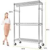M MZG Heavy Duty Rolling Garment Rack 3 Tiers Adjustable Wire Shelving Clothes Rack with 2 Rods and Side Hooks, Storage Closet Clothing Rack with Wheels Chrome 17.7" D x 47.2" W x 83.6" H