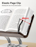 Tounee Book Stand for Reading, Adjustable Book Holder with 360° Swivel Base, Foldable Cookbook Stand Recipe Book Holder with Elastic Page Clips for Music Scores, Recipe, Tablet, Laptop-Silver