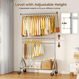 HYSEYY Heavy Duty Clothes Rack, Double Rod Clothing Rack for Hanging Clothes, Rolling Garment Rack, Adjustable Freestanding Wardrobe Closet Coat Rack for Bedroom Laundry Living Room, Silver