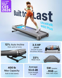 MERACH UltraWalk W60 Walking Pad Treadmill with 12% Auto Incline, Under Desk Walking Pad 400lb Capacity, Max 3.5HP Heavy Duty Walking Pad with Incline for Tall People with BT Speaker, RGB Light & APP