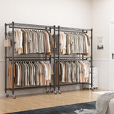 BATHWA Heavy Duty Garment Rack on Wheels, Rolling Clothes Racks for Hanging Storage, Simple Sturdy Metal Wardrobe Closet with Double Rods, 8 Side Hangers, 3 Shelves, Black