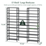 Bamboo Bookshelf, 71” Tall Triple Wide Bookcase with 17 Open Storage Shelves, 6-Tier Etagere with Back Rails, Large Display Shelf for Books