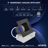 LUXRITE 3 Inch Square LED Recessed Ceiling Light with J-Box, CRI90, 8W, 5CCT Selectable 2700K-5000K, 530 Lumens, Dimmable Canless Downlight, Wet Rated, IC Rated, ETL Listed, Black Trim (12 Pack)